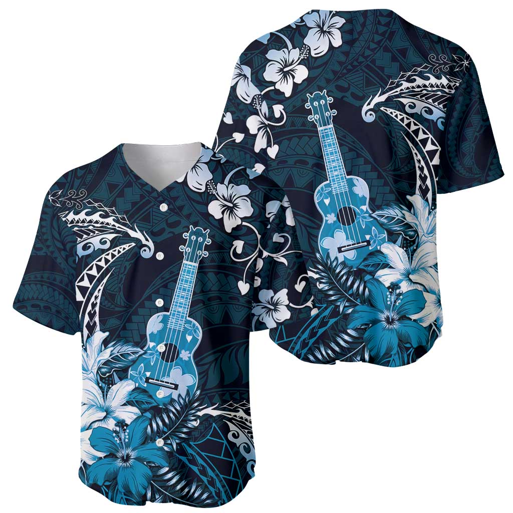 Hawaii Ukulele Baseball Jersey Polynesian Pattern Mix Hibiscus Blue Version LT05 - Polynesian Pride