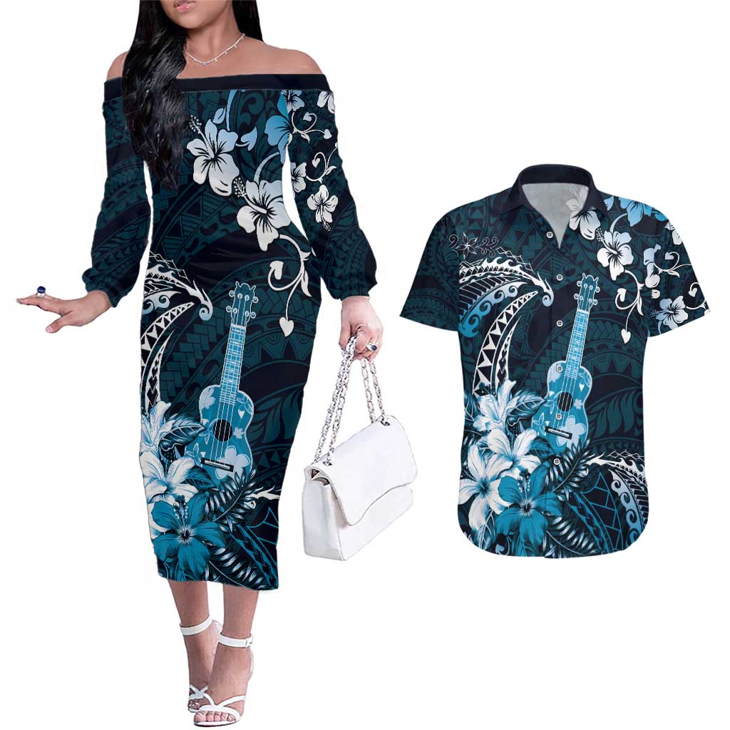 Hawaii Ukulele Couples Matching Off The Shoulder Long Sleeve Dress and Hawaiian Shirt Polynesian Pattern Mix Hibiscus Blue Version LT05