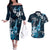 Hawaii Ukulele Couples Matching Off The Shoulder Long Sleeve Dress and Hawaiian Shirt Polynesian Pattern Mix Hibiscus Blue Version LT05