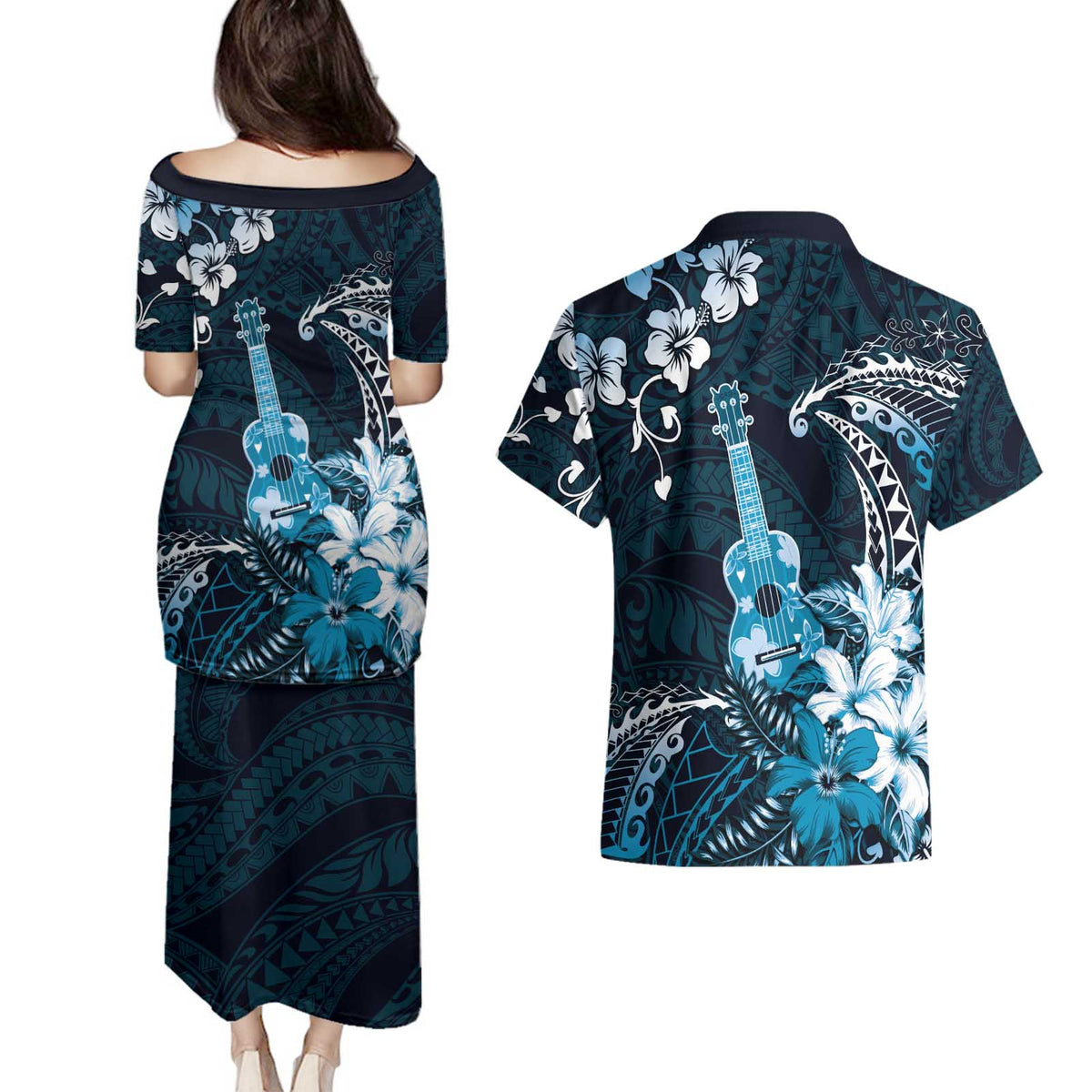 Hawaii Ukulele Couples Matching Puletasi and Hawaiian Shirt Polynesian Pattern Mix Hibiscus Blue Version LT05 - Polynesian Pride