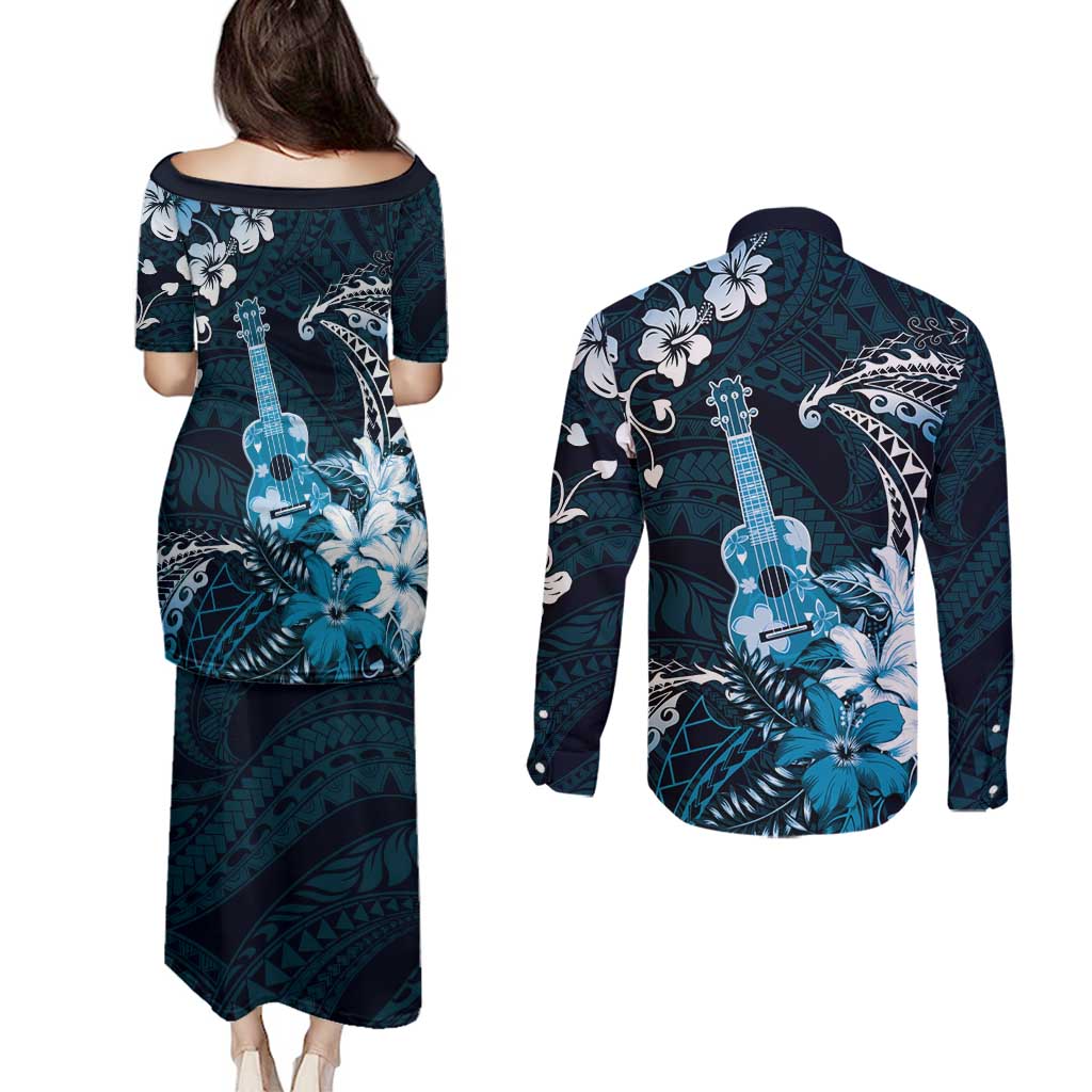 Hawaii Ukulele Couples Matching Puletasi and Long Sleeve Button Shirt Polynesian Pattern Mix Hibiscus Blue Version LT05 - Polynesian Pride