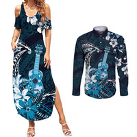 Hawaii Ukulele Couples Matching Summer Maxi Dress and Long Sleeve Button Shirt Polynesian Pattern Mix Hibiscus Blue Version LT05 Blue - Polynesian Pride