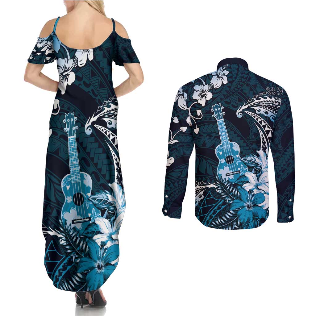 Hawaii Ukulele Couples Matching Summer Maxi Dress and Long Sleeve Button Shirt Polynesian Pattern Mix Hibiscus Blue Version LT05 - Polynesian Pride