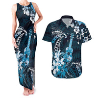 Hawaii Ukulele Couples Matching Tank Maxi Dress and Hawaiian Shirt Polynesian Pattern Mix Hibiscus Blue Version LT05