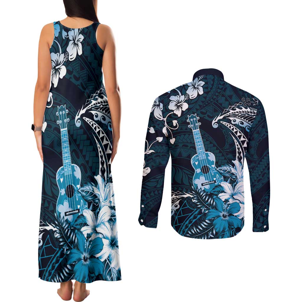 Hawaii Ukulele Couples Matching Tank Maxi Dress and Long Sleeve Button Shirt Polynesian Pattern Mix Hibiscus Blue Version LT05