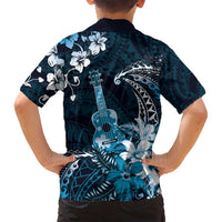 Hawaii Ukulele Family Matching Long Sleeve Bodycon Dress and Hawaiian Shirt Polynesian Pattern Mix Hibiscus Blue Version LT05 - Polynesian Pride