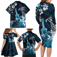 Hawaii Ukulele Family Matching Long Sleeve Bodycon Dress and Hawaiian Shirt Polynesian Pattern Mix Hibiscus Blue Version LT05 - Polynesian Pride