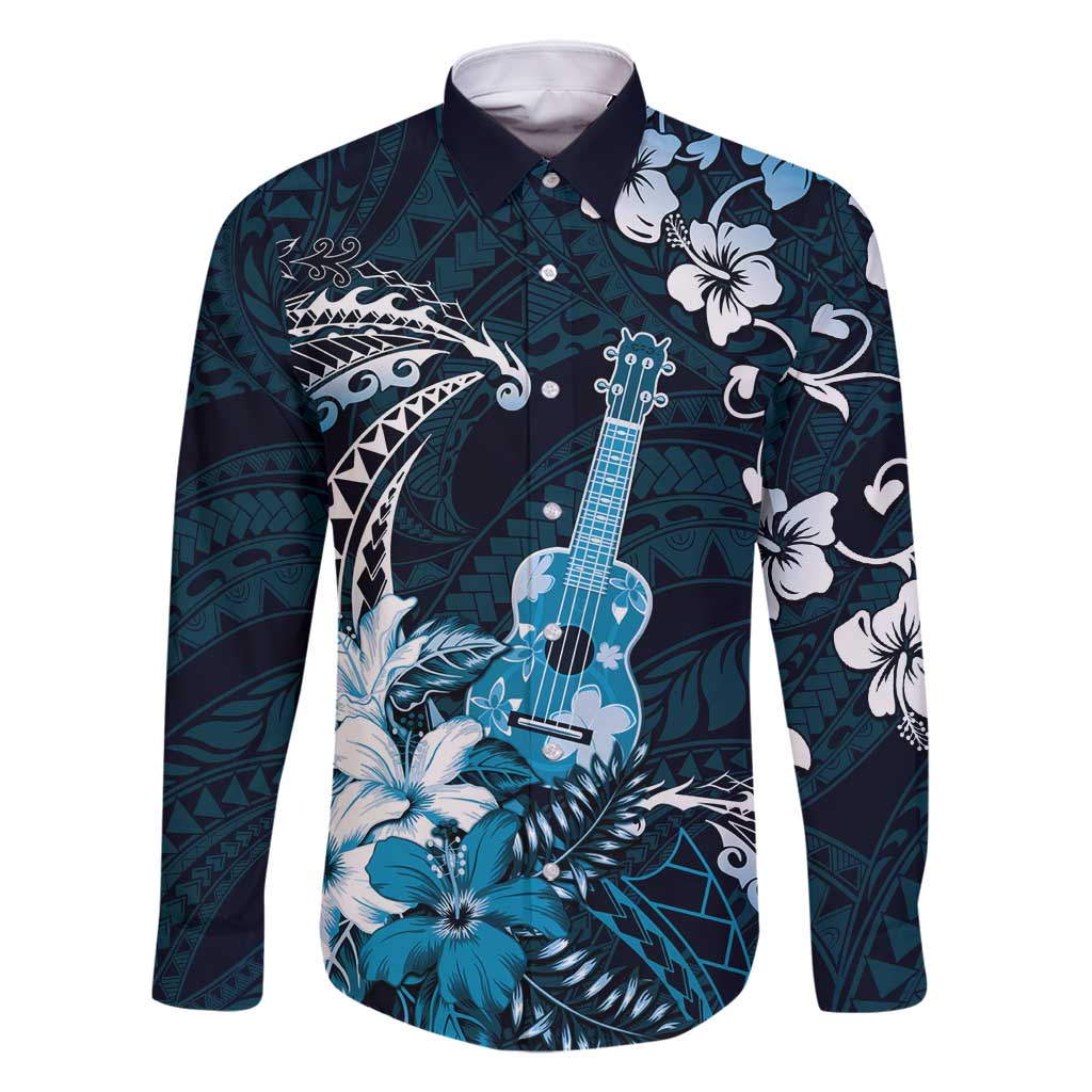 Hawaii Ukulele Family Matching Long Sleeve Bodycon Dress and Hawaiian Shirt Polynesian Pattern Mix Hibiscus Blue Version LT05 Dad's Shirt - Long Sleeve Blue - Polynesian Pride