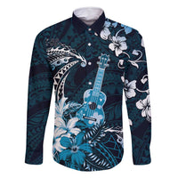 Hawaii Ukulele Family Matching Long Sleeve Bodycon Dress and Hawaiian Shirt Polynesian Pattern Mix Hibiscus Blue Version LT05 Dad's Shirt - Long Sleeve Blue - Polynesian Pride
