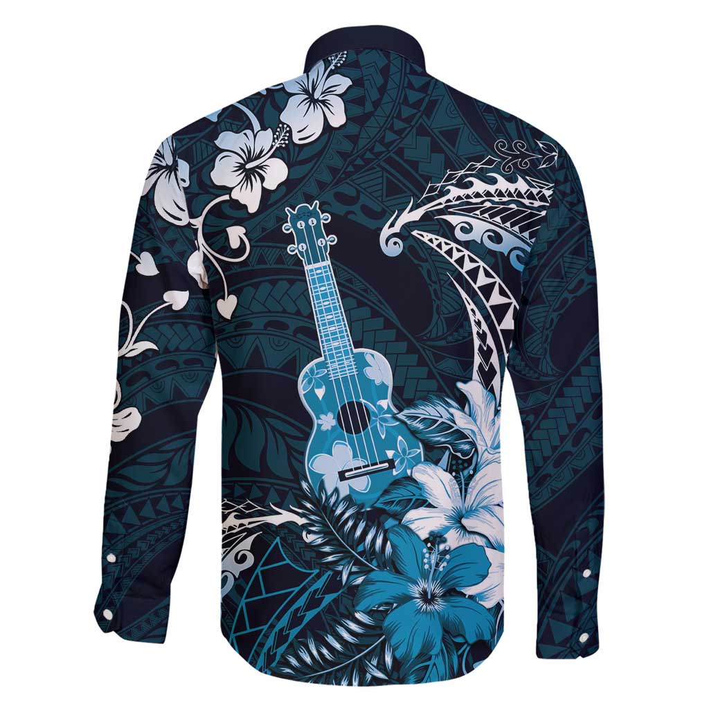 Hawaii Ukulele Family Matching Long Sleeve Bodycon Dress and Hawaiian Shirt Polynesian Pattern Mix Hibiscus Blue Version LT05 - Polynesian Pride