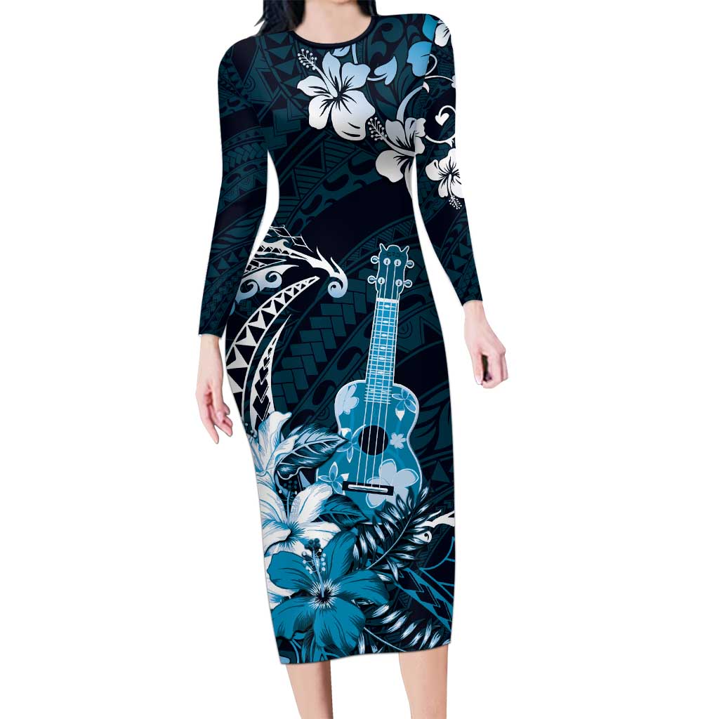 Hawaii Ukulele Family Matching Long Sleeve Bodycon Dress and Hawaiian Shirt Polynesian Pattern Mix Hibiscus Blue Version LT05 Mom's Dress Blue - Polynesian Pride
