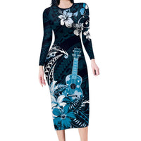 Hawaii Ukulele Family Matching Long Sleeve Bodycon Dress and Hawaiian Shirt Polynesian Pattern Mix Hibiscus Blue Version LT05 Mom's Dress Blue - Polynesian Pride