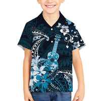 Hawaii Ukulele Family Matching Long Sleeve Bodycon Dress and Hawaiian Shirt Polynesian Pattern Mix Hibiscus Blue Version LT05 Son's Shirt Blue - Polynesian Pride