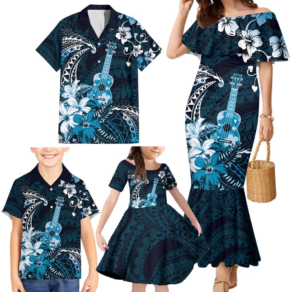 Hawaii Ukulele Family Matching Mermaid Dress and Hawaiian Shirt Polynesian Pattern Mix Hibiscus Blue Version LT05 - Polynesian Pride