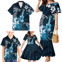 Hawaii Ukulele Family Matching Mermaid Dress and Hawaiian Shirt Polynesian Pattern Mix Hibiscus Blue Version LT05 - Polynesian Pride