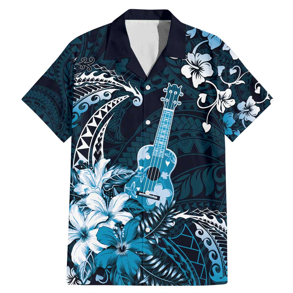 Hawaii Ukulele Family Matching Mermaid Dress and Hawaiian Shirt Polynesian Pattern Mix Hibiscus Blue Version LT05 Dad's Shirt - Short Sleeve Blue - Polynesian Pride