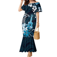 Hawaii Ukulele Family Matching Mermaid Dress and Hawaiian Shirt Polynesian Pattern Mix Hibiscus Blue Version LT05 Mom's Dress Blue - Polynesian Pride