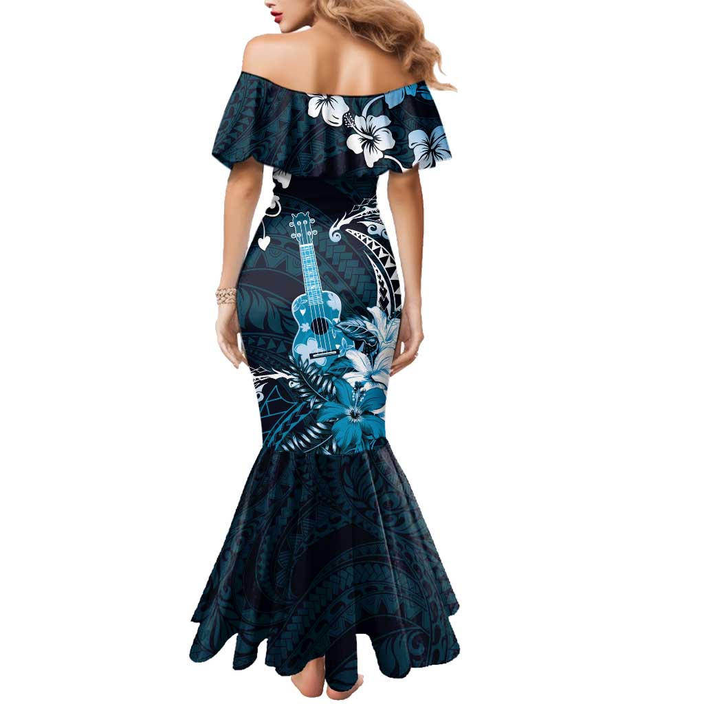 Hawaii Ukulele Family Matching Mermaid Dress and Hawaiian Shirt Polynesian Pattern Mix Hibiscus Blue Version LT05 - Polynesian Pride