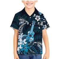 Hawaii Ukulele Family Matching Mermaid Dress and Hawaiian Shirt Polynesian Pattern Mix Hibiscus Blue Version LT05 Son's Shirt Blue - Polynesian Pride
