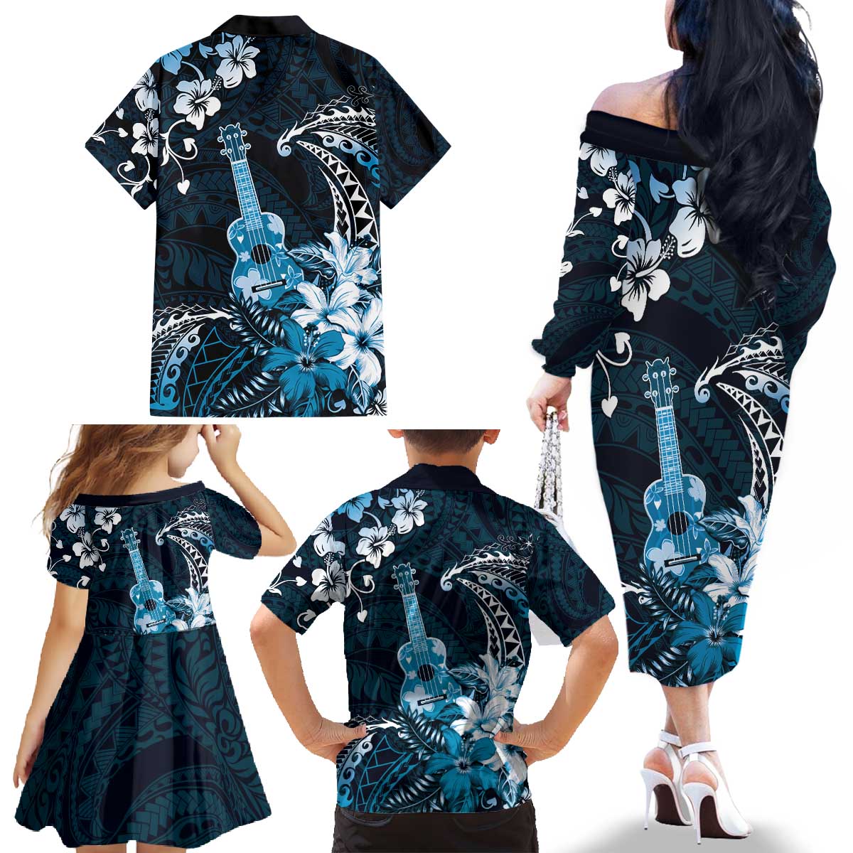 Hawaii Ukulele Family Matching Off The Shoulder Long Sleeve Dress and Hawaiian Shirt Polynesian Pattern Mix Hibiscus Blue Version LT05