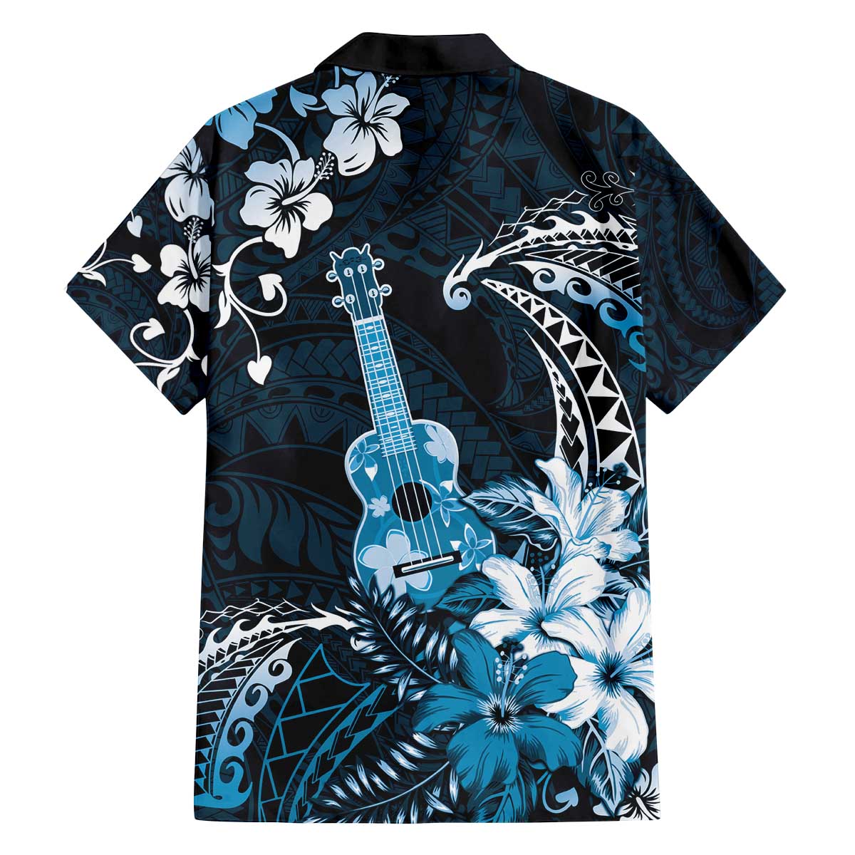 Hawaii Ukulele Family Matching Off The Shoulder Long Sleeve Dress and Hawaiian Shirt Polynesian Pattern Mix Hibiscus Blue Version LT05