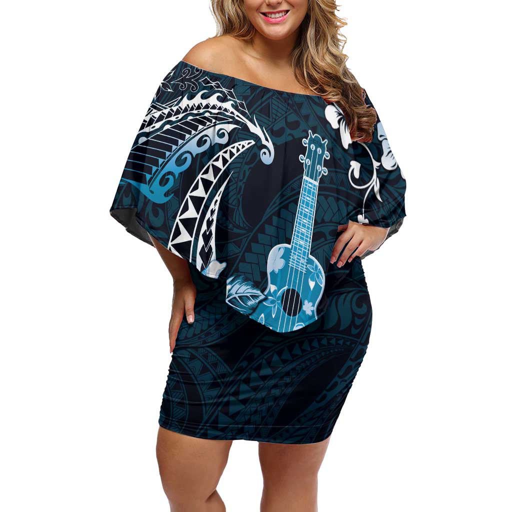 Hawaii Ukulele Family Matching Off Shoulder Short Dress and Hawaiian Shirt Polynesian Pattern Mix Hibiscus Blue Version LT05