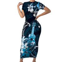 Hawaii Ukulele Family Matching Short Sleeve Bodycon Dress and Hawaiian Shirt Polynesian Pattern Mix Hibiscus Blue Version LT05