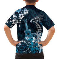 Hawaii Ukulele Kid Hawaiian Shirt Polynesian Pattern Mix Hibiscus Blue Version LT05 - Polynesian Pride