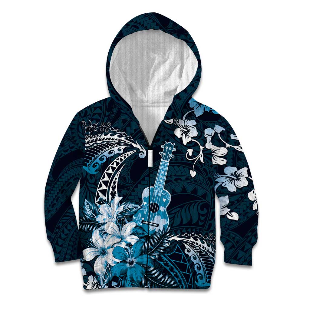 Hawaii Ukulele Kid Hoodie Polynesian Pattern Mix Hibiscus Blue Version LT05