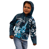 Hawaii Ukulele Kid Hoodie Polynesian Pattern Mix Hibiscus Blue Version LT05