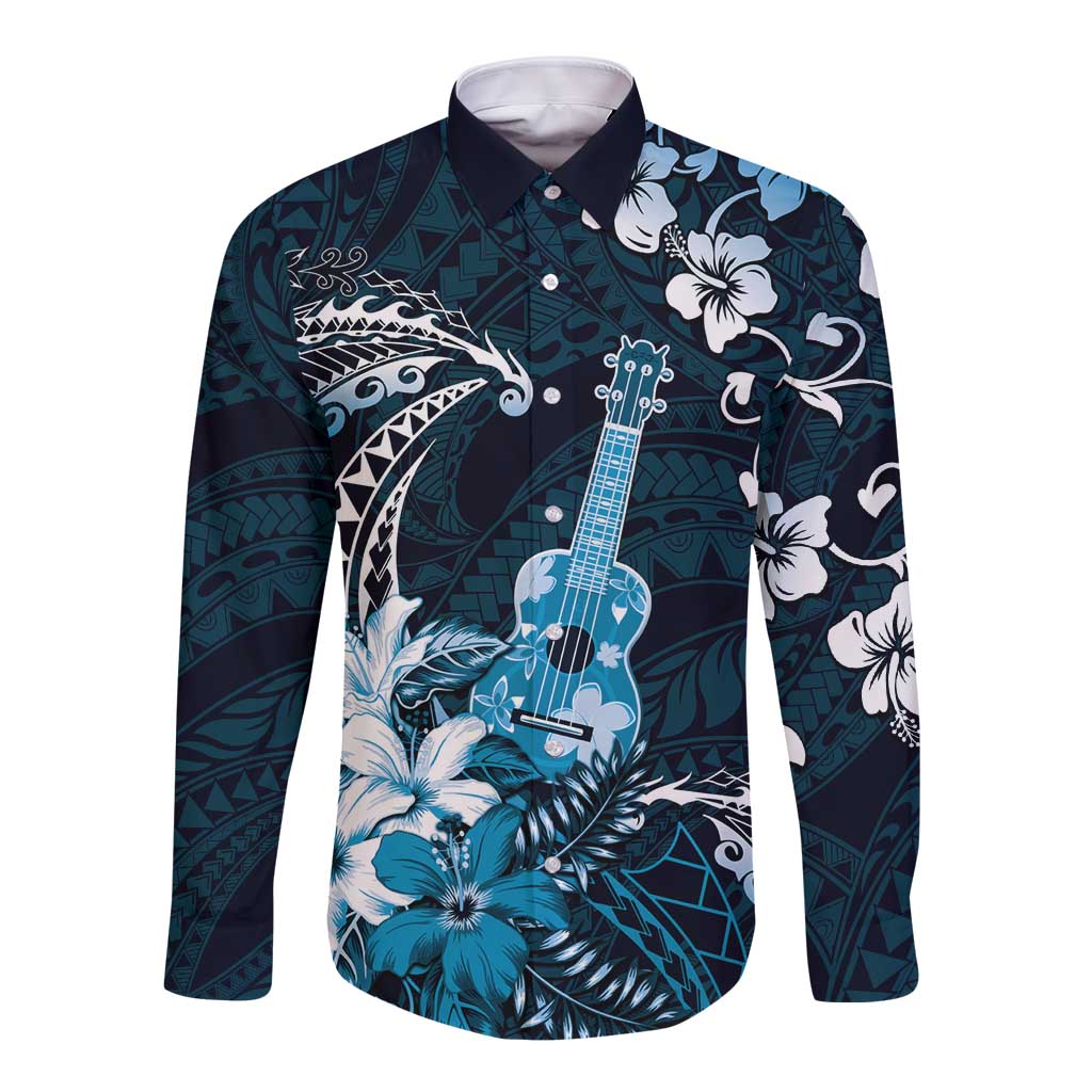 Hawaii Ukulele Long Sleeve Button Shirt Polynesian Pattern Mix Hibiscus Blue Version LT05 Unisex Blue - Polynesian Pride