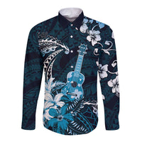 Hawaii Ukulele Long Sleeve Button Shirt Polynesian Pattern Mix Hibiscus Blue Version LT05 Unisex Blue - Polynesian Pride
