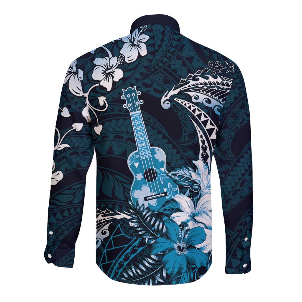 Hawaii Ukulele Long Sleeve Button Shirt Polynesian Pattern Mix Hibiscus Blue Version LT05 - Polynesian Pride