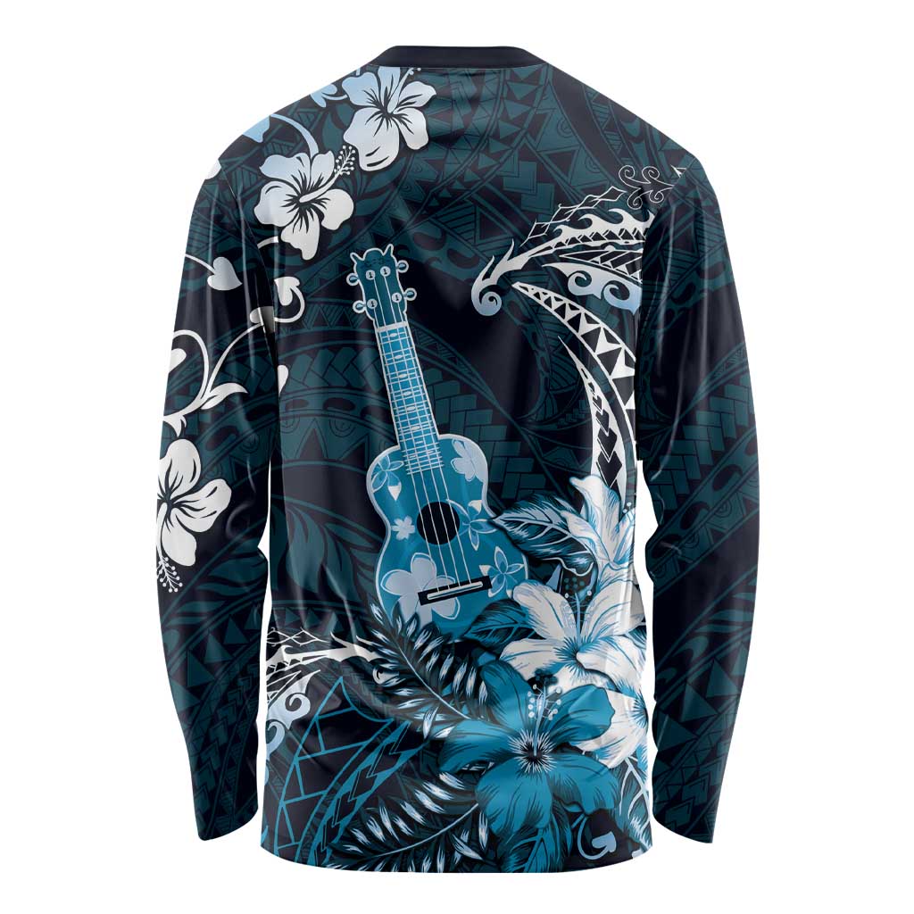 Hawaii Ukulele Long Sleeve Shirt Polynesian Pattern Mix Hibiscus Blue Version LT05 - Polynesian Pride