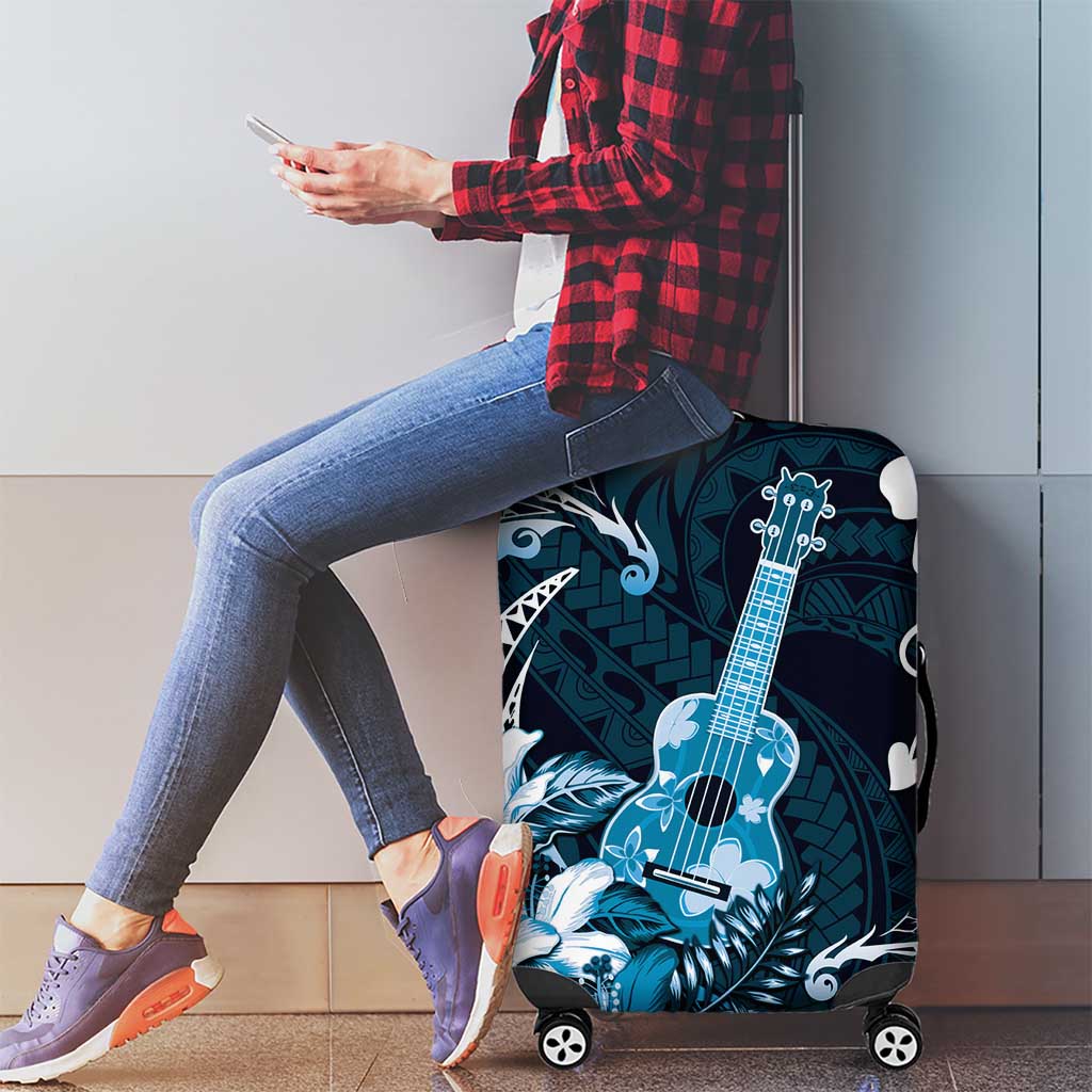 Hawaii Ukulele Luggage Cover Polynesian Pattern Mix Hibiscus Blue Version