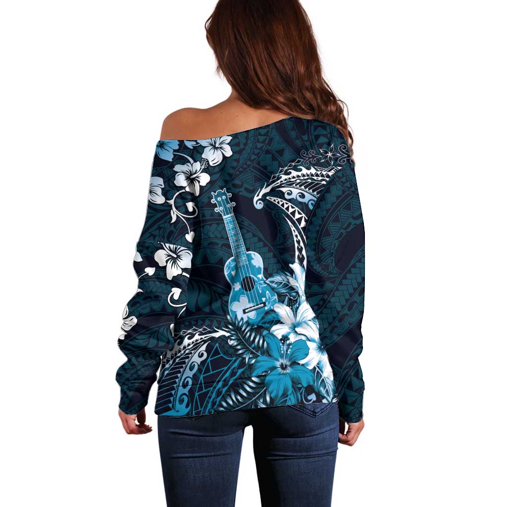Hawaii Ukulele Off Shoulder Sweater Polynesian Pattern Mix Hibiscus Blue Version LT05