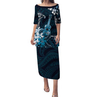 Hawaii Ukulele Puletasi Polynesian Pattern Mix Hibiscus Blue Version LT05 Long Dress Blue - Polynesian Pride