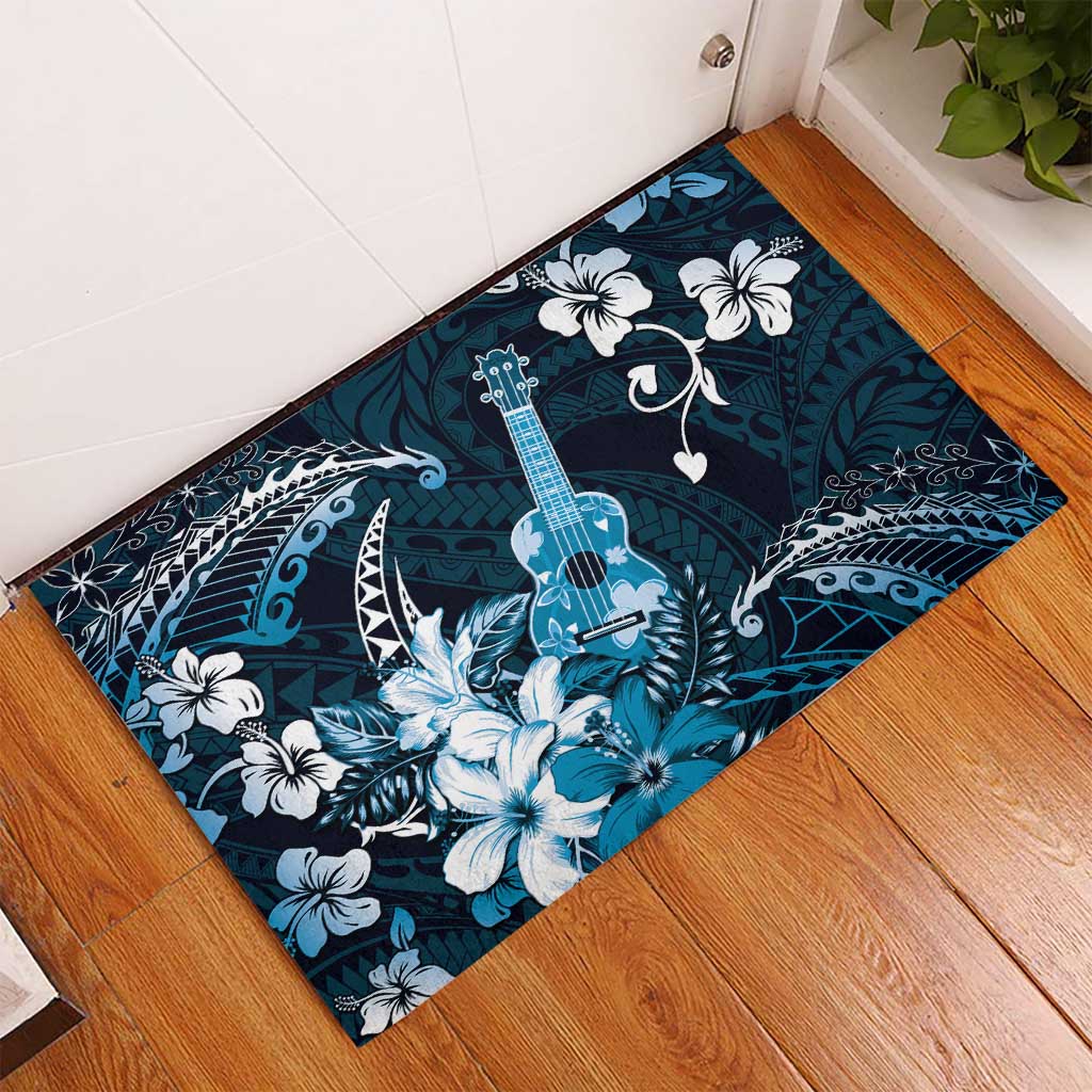 Hawaii Ukulele Rubber Doormat Polynesian Pattern Mix Hibiscus Blue Version LT05 - Polynesian Pride