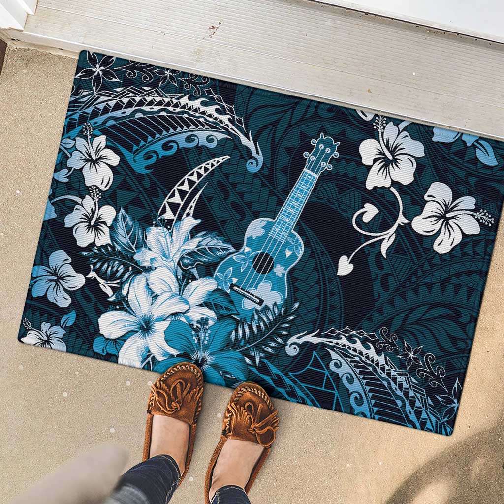 Hawaii Ukulele Rubber Doormat Polynesian Pattern Mix Hibiscus Blue Version LT05 - Polynesian Pride