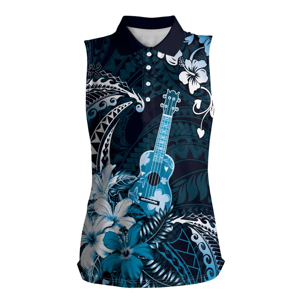 Hawaii Ukulele Women Sleeveless Polo Shirt Polynesian Pattern Mix Hibiscus Blue Version LT05 Female Blue - Polynesian Pride