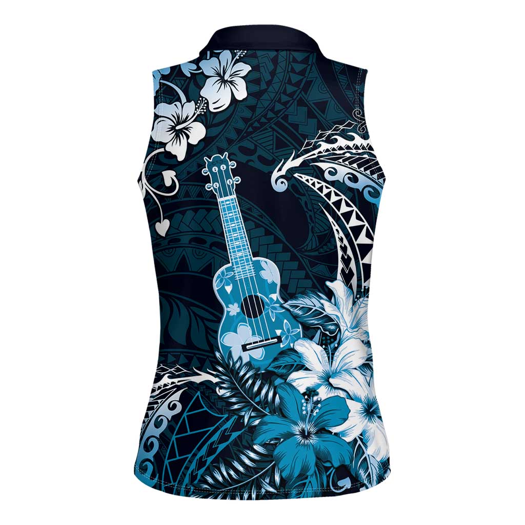 Hawaii Ukulele Women Sleeveless Polo Shirt Polynesian Pattern Mix Hibiscus Blue Version LT05 - Polynesian Pride