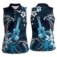 Hawaii Ukulele Women Sleeveless Polo Shirt Polynesian Pattern Mix Hibiscus Blue Version LT05 - Polynesian Pride