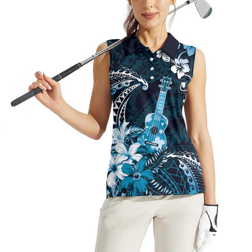 Hawaii Ukulele Women Sleeveless Polo Shirt Polynesian Pattern Mix Hibiscus Blue Version LT05 - Polynesian Pride