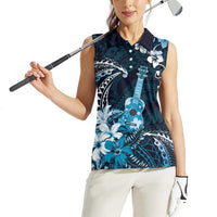 Hawaii Ukulele Women Sleeveless Polo Shirt Polynesian Pattern Mix Hibiscus Blue Version LT05 - Polynesian Pride