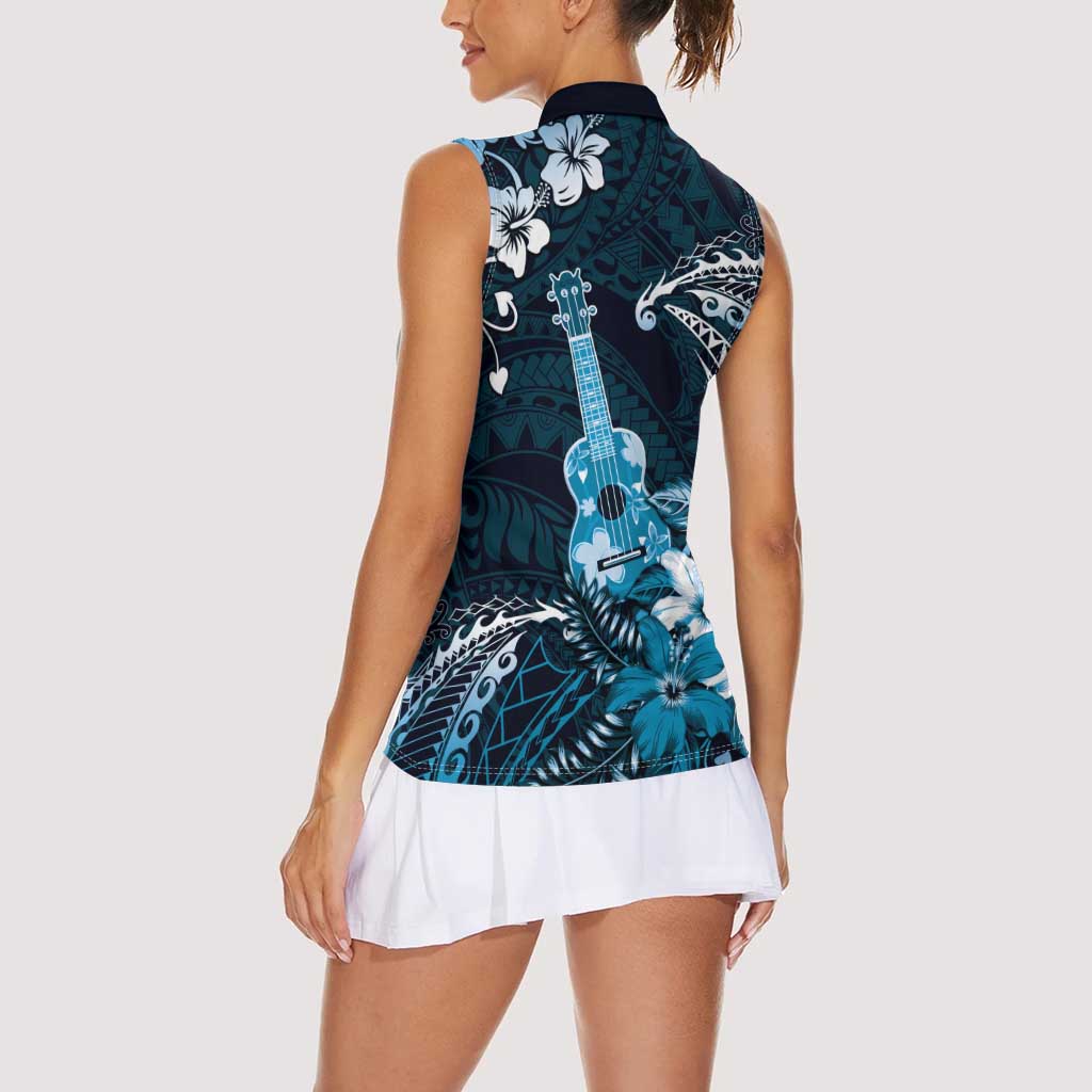 Hawaii Ukulele Women Sleeveless Polo Shirt Polynesian Pattern Mix Hibiscus Blue Version LT05 - Polynesian Pride