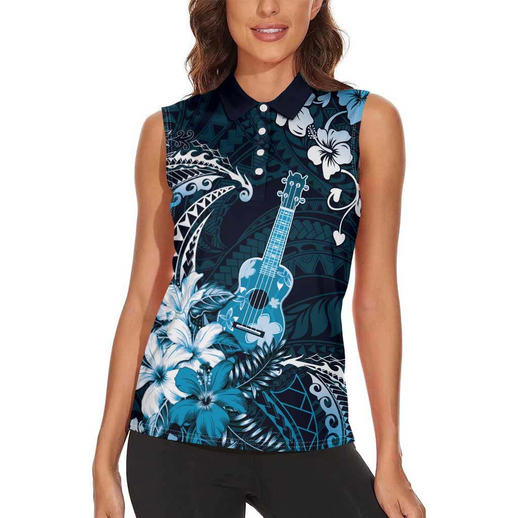 Hawaii Ukulele Women Sleeveless Polo Shirt Polynesian Pattern Mix Hibiscus Blue Version LT05 - Polynesian Pride