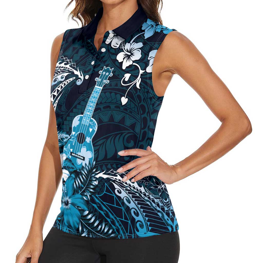 Hawaii Ukulele Women Sleeveless Polo Shirt Polynesian Pattern Mix Hibiscus Blue Version LT05 - Polynesian Pride