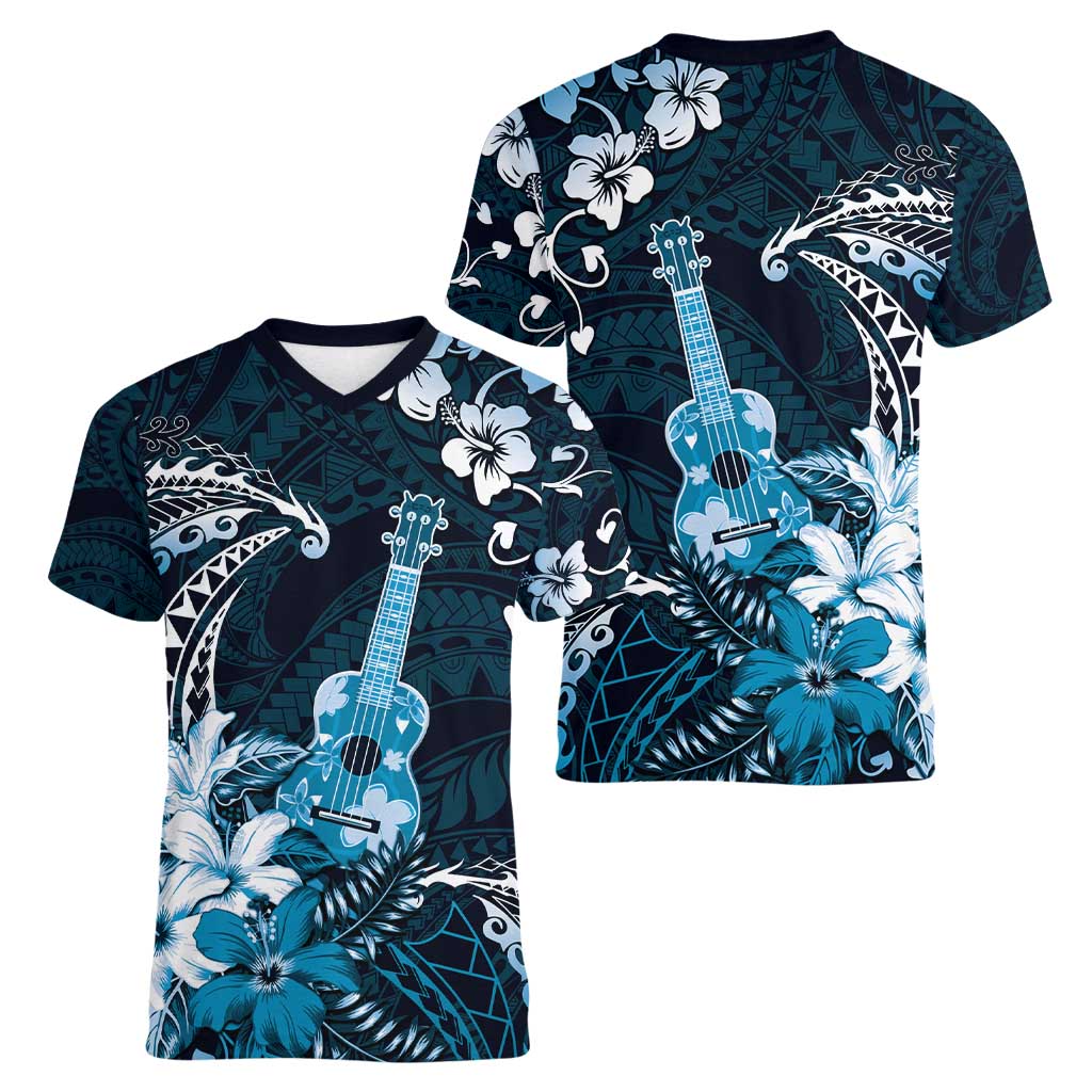 Hawaii Ukulele Women V-Neck T-Shirt Polynesian Pattern Mix Hibiscus Blue Version LT05 - Polynesian Pride