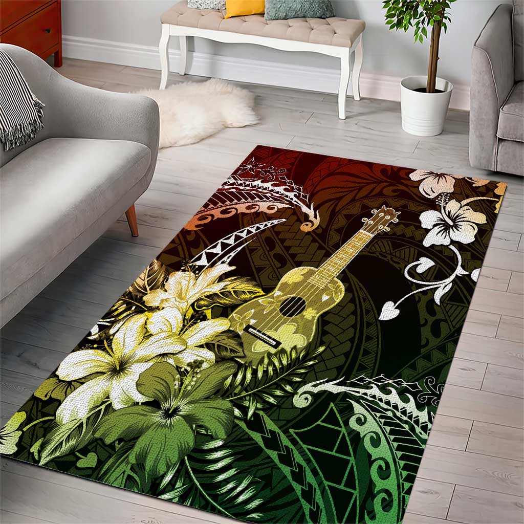 Hawaii Ukulele Area Rug Polynesian Pattern Mix Hibiscus Reggae Version