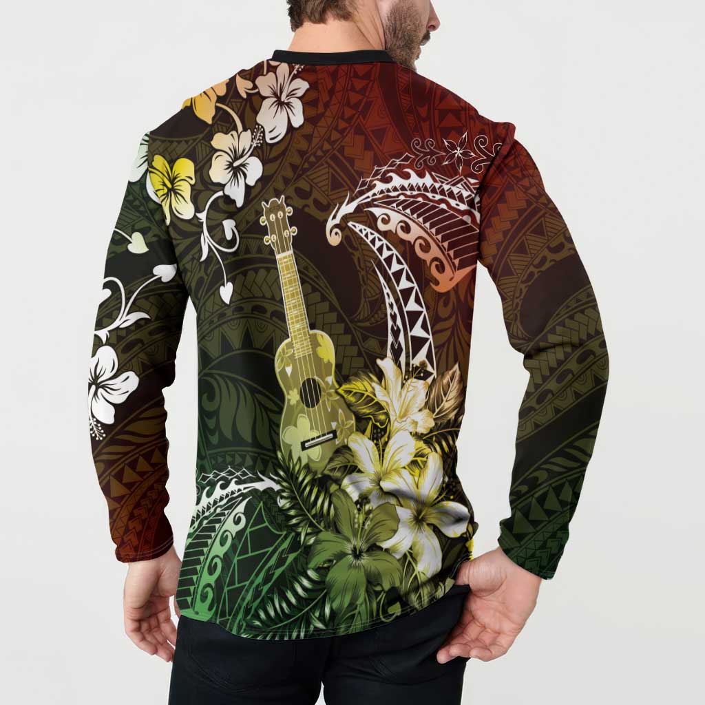 Hawaii Ukulele Button Sweatshirt Polynesian Pattern Mix Hibiscus Reggae Version LT05 - Polynesian Pride